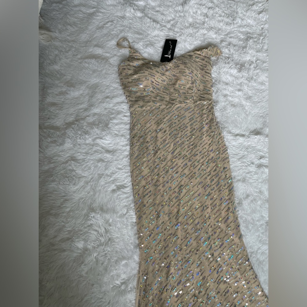 Off the shoulder sequin slip golden evening dress - Picture 8 of 10